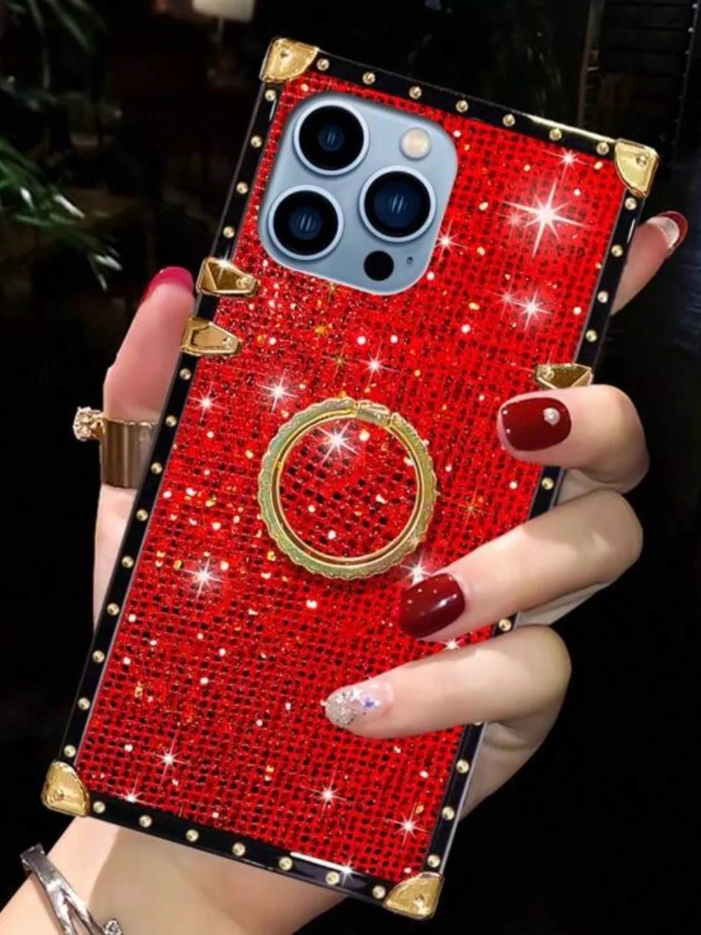 Red Sparkle Bling Phone Case with Gold Ring for Cell Phones